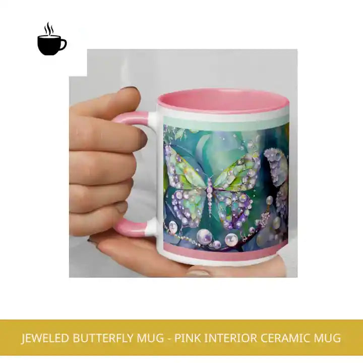 Jeweled Butterfly Mug - Pink Interior Ceramic Mug by@Outfy