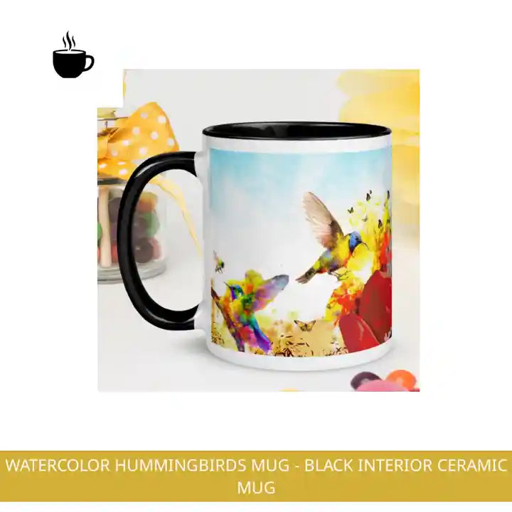 Watercolor Hummingbirds Mug - Black Interior Ceramic Mug by@Outfy