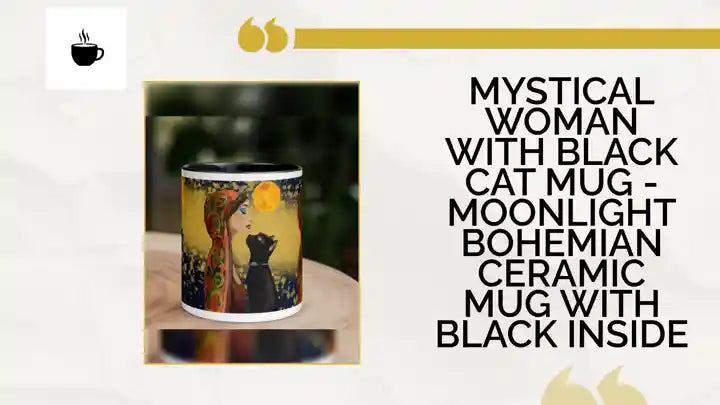 Mystical Woman with Black Cat Mug - Moonlight Bohemian Ceramic Mug with Black Inside by@Outfy