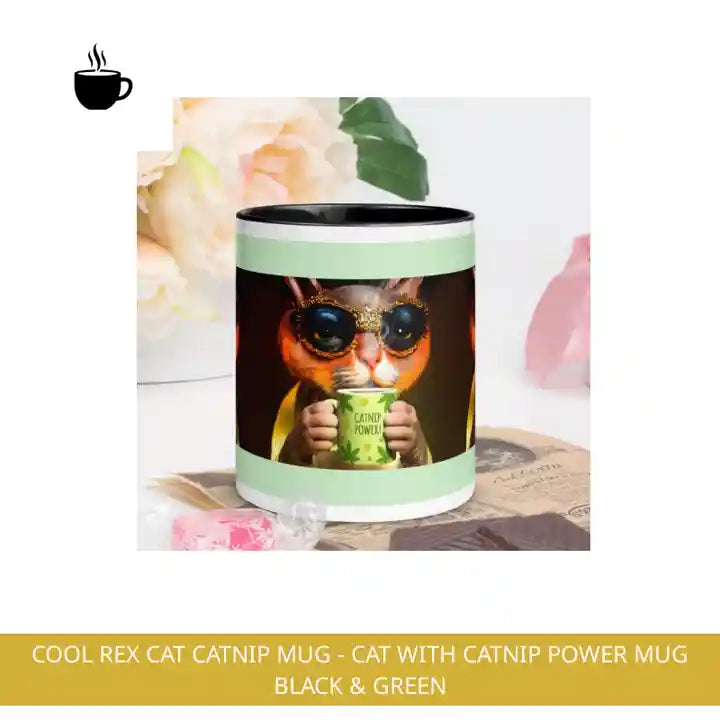 Cool Rex Cat Catnip Mug - Cat with Catnip Power Mug Black &amp; Green by@Outfy