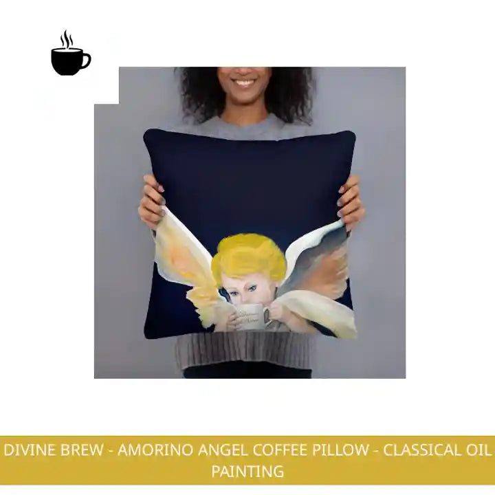 Divine Brew - Amorino Angel Coffee Pillow - Classical Oil Painting by@Outfy