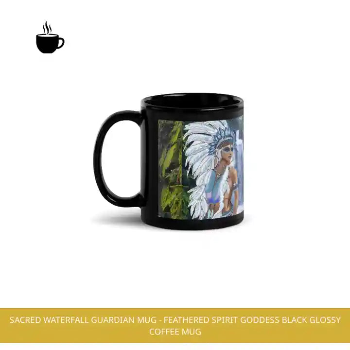 Sacred Waterfall Guardian Mug - Feathered Spirit Goddess Black Glossy Coffee Mug by@Outfy