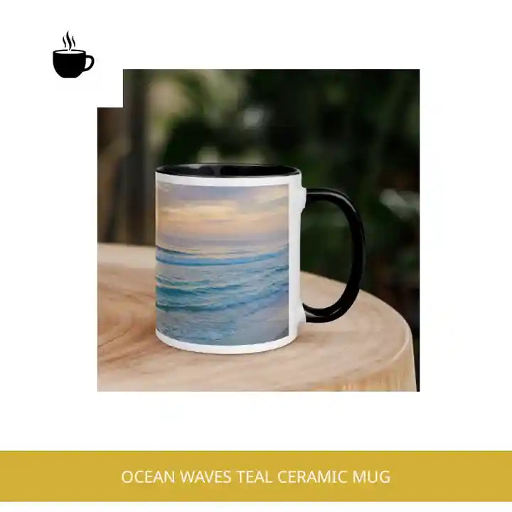 Ocean Waves Teal Ceramic Mug by@Outfy