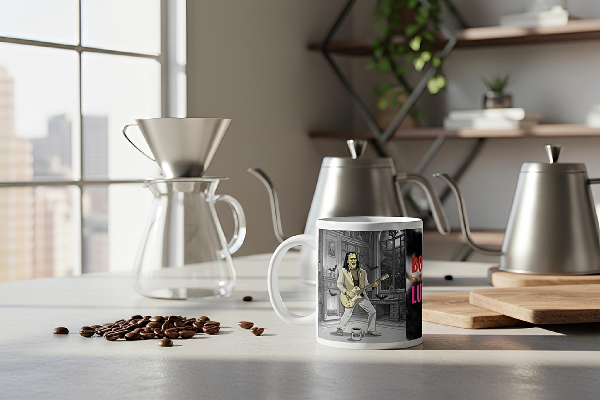 Brew-kenstein Coffee Monster | Burn for What You Love …Premium ceramic mug-Monster playing guitar with bats fying around - mug on floor with words "Frankenstein's Beats" written on front- 20 oz left view lifestyle image - kitchen setting with coffee beans on table