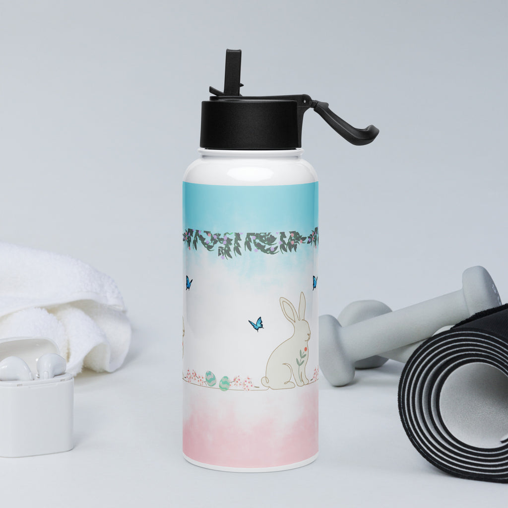Stainless steel Water Bottle with straw lid- Whimsical bunny and butterfly botanical print-
Peaceful, nature-inspired aesthetic - 32 oz 
