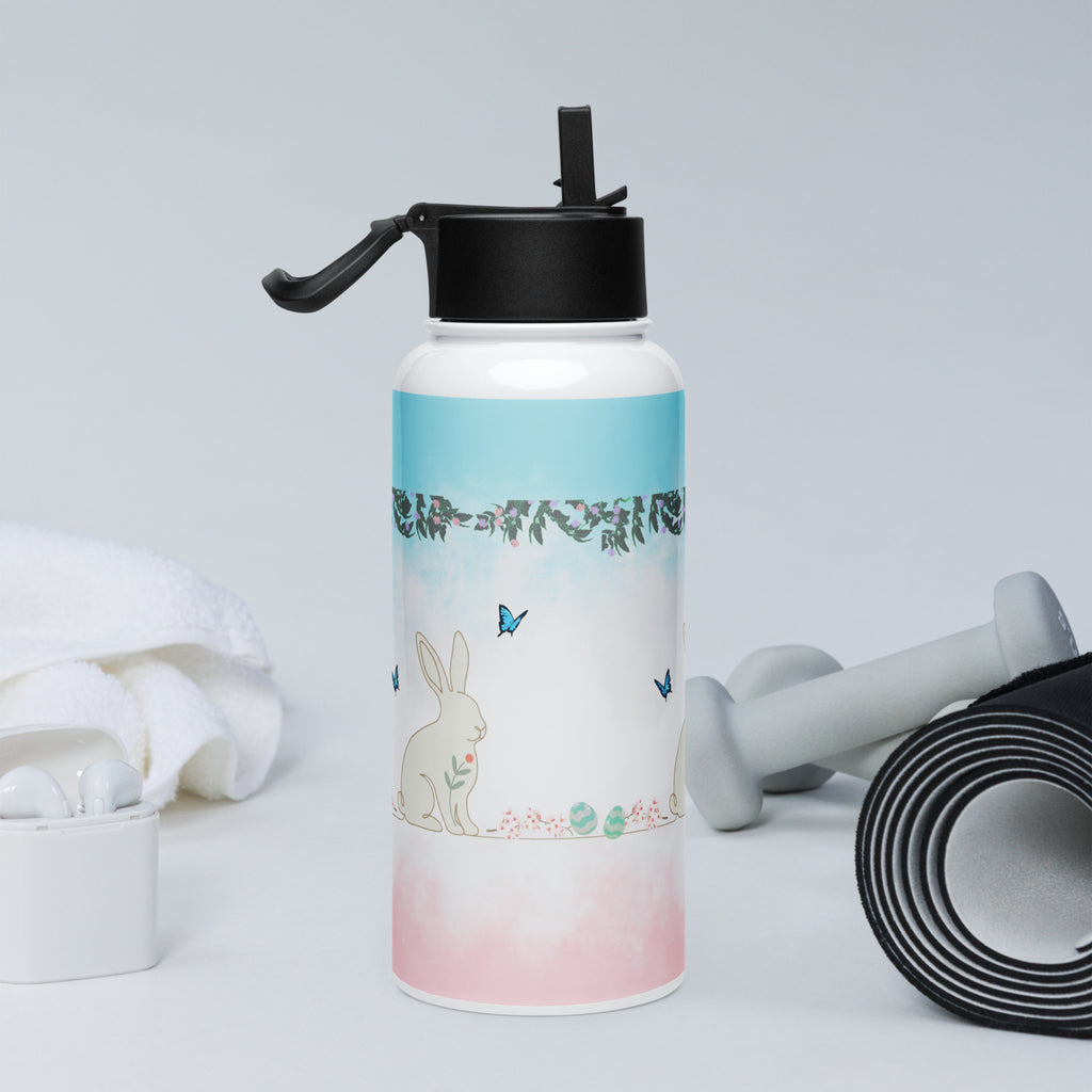 Stainless steel Water Bottle with straw lid- Whimsical bunny and butterfly botanical print -
Turquoise and soft pink color-blocked design
32 oz 