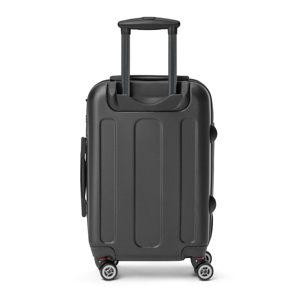 Monster Brew hard-shell suitcase back view showing handle and spinner wheels