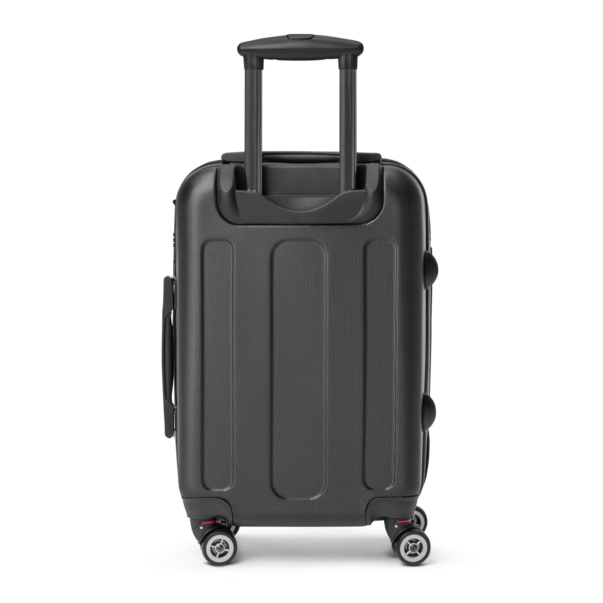 Monster Brew hard-shell suitcase back view showing handle and spinner wheels