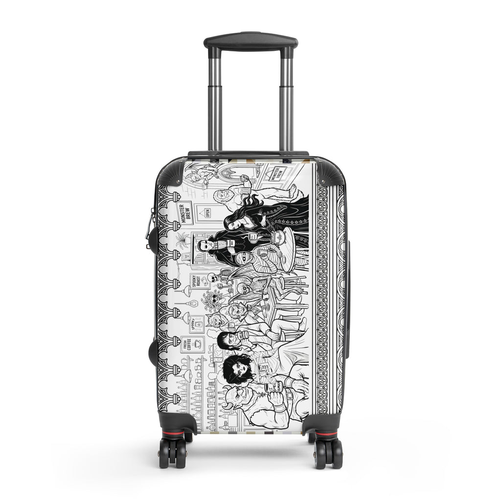 Monster Brew hard-shell suitcase front view featuring original black and white monster café artwork on white polycarbonate shell