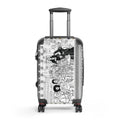 Monster Brew hard-shell suitcase front view featuring original black and white monster café artwork on white polycarbonate shell