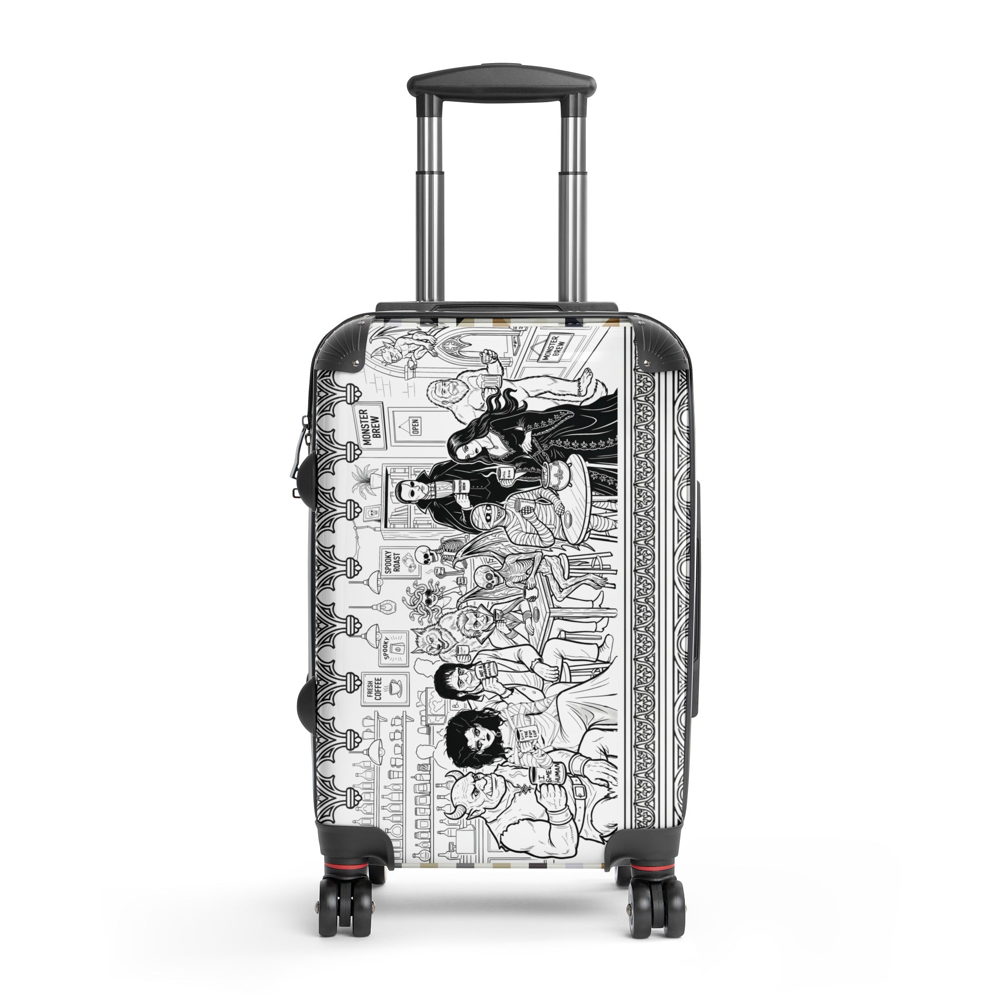 Monster Brew hard-shell suitcase front view featuring original black and white monster café artwork on white polycarbonate shell