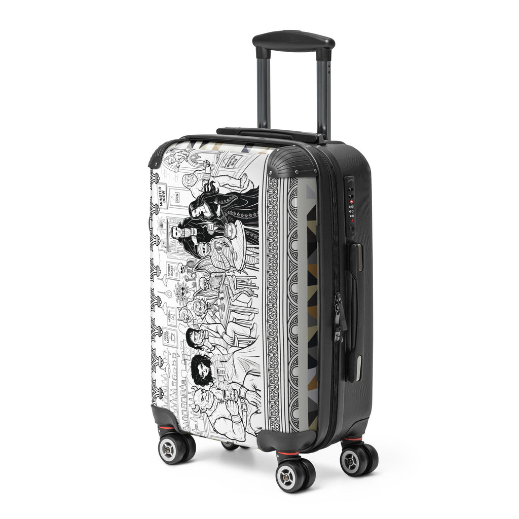 Monster Brew hard-shell suitcase angled front view showing full artwork wrap and spinner wheels