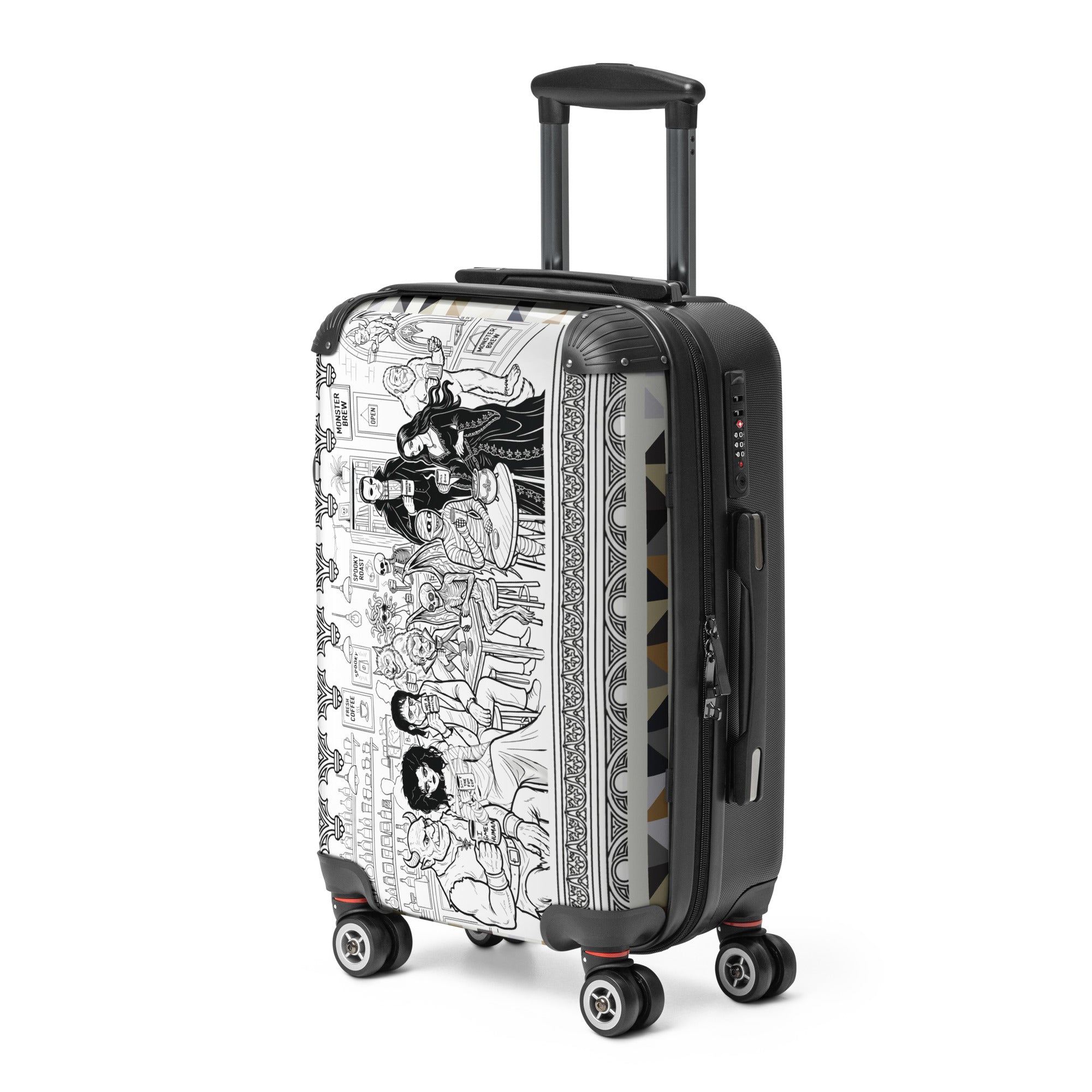 Monster Brew hard-shell suitcase angled front view showing full artwork wrap and spinner wheels