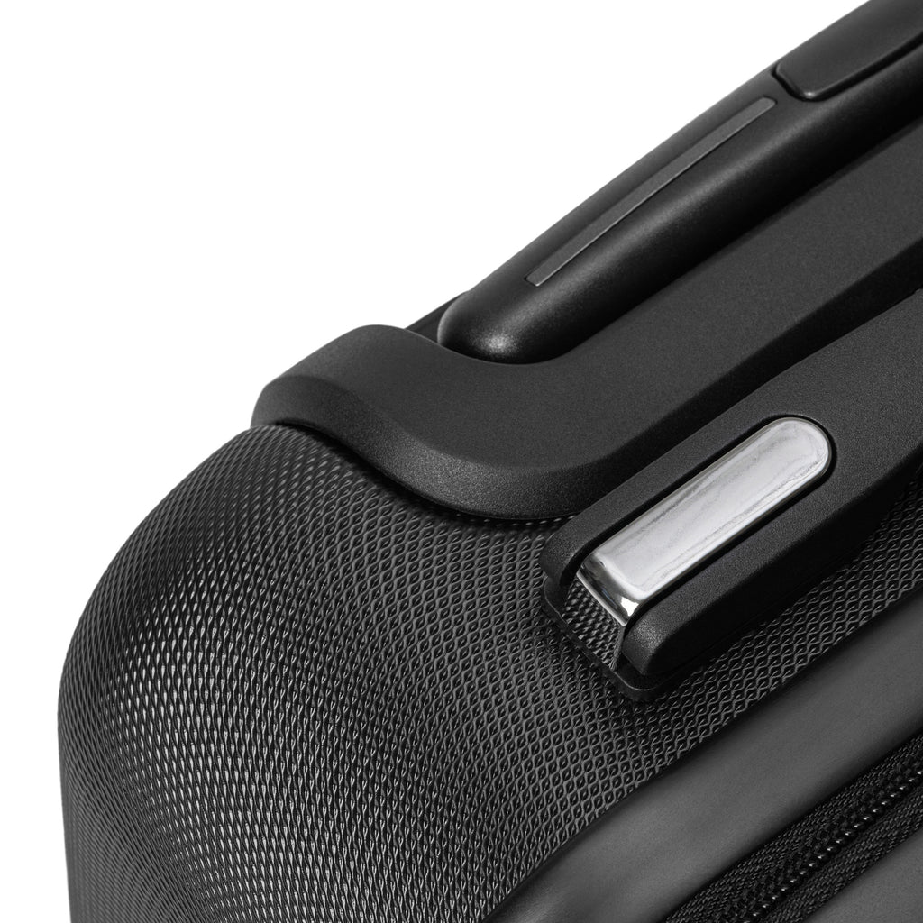 Monster Brew hard-shell suitcase angled top view showing retractable handle