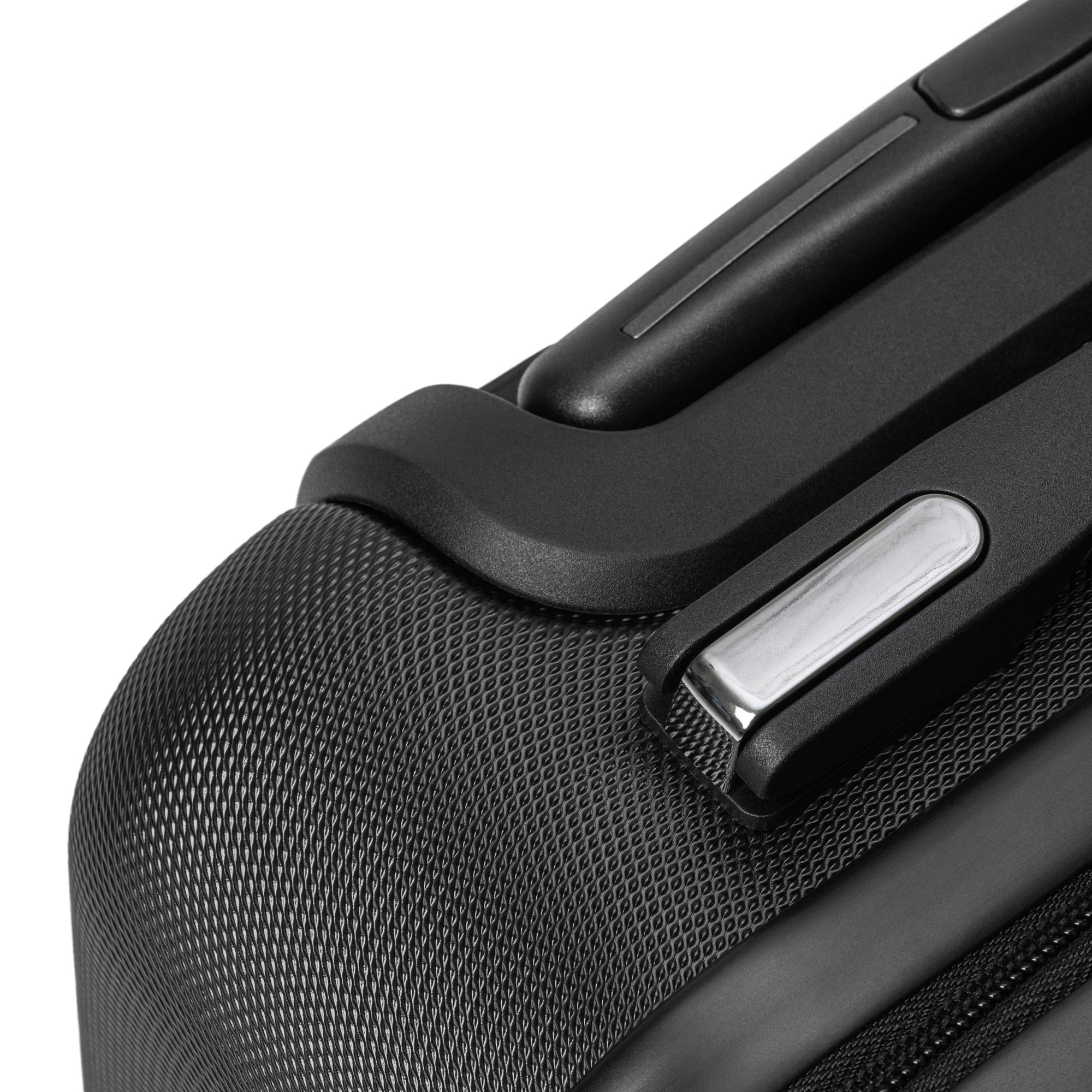 Monster Brew hard-shell suitcase angled top view showing retractable handle