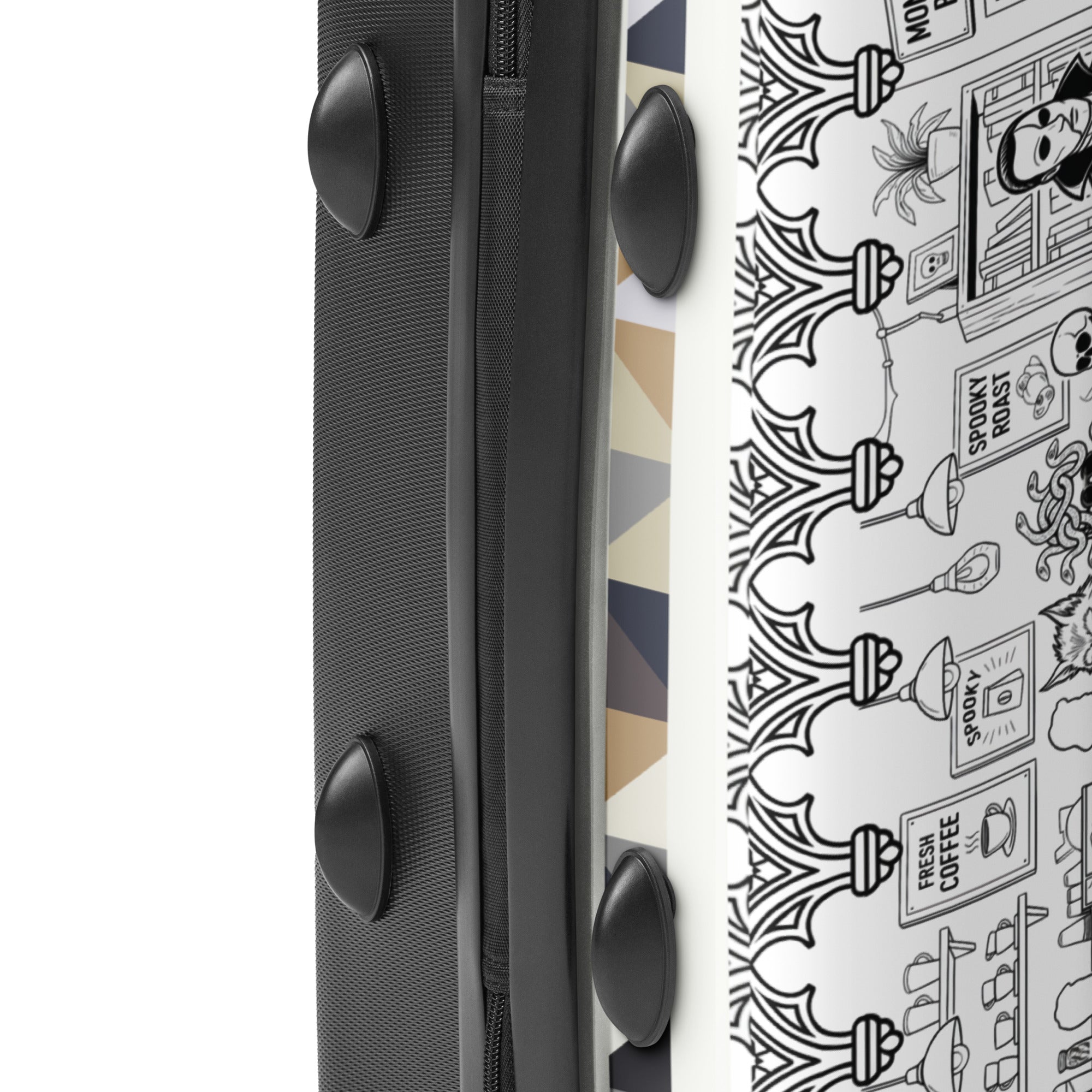 Side profile of Monster Brew suitcase showing monster café artwork wrap and black ABS shell edge