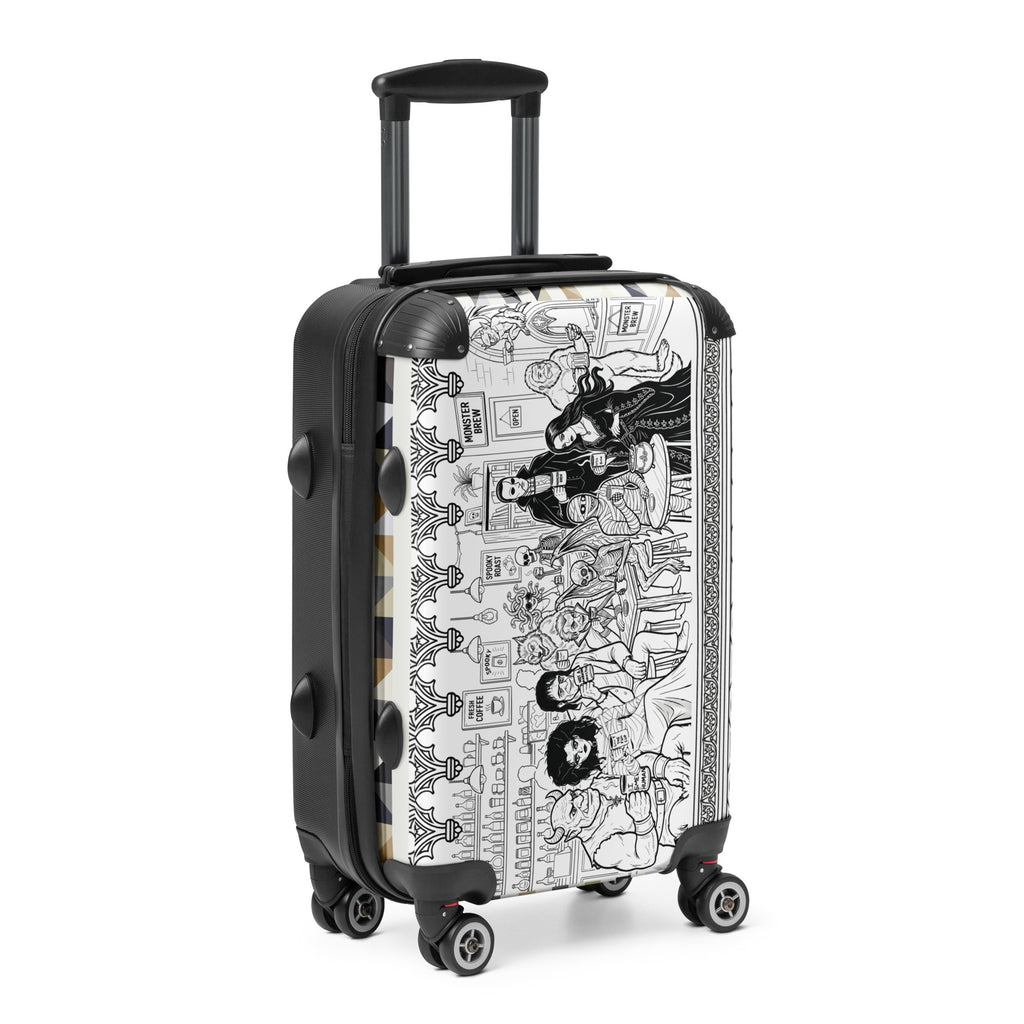 Monster Brew hard-shell suitcase angled front view right showing full artwork wrap and spinner wheels