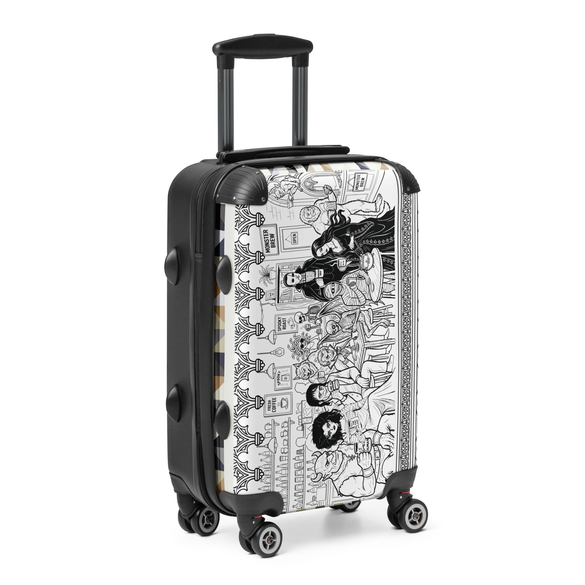 Monster Brew hard-shell suitcase angled front view right showing full artwork wrap and spinner wheels