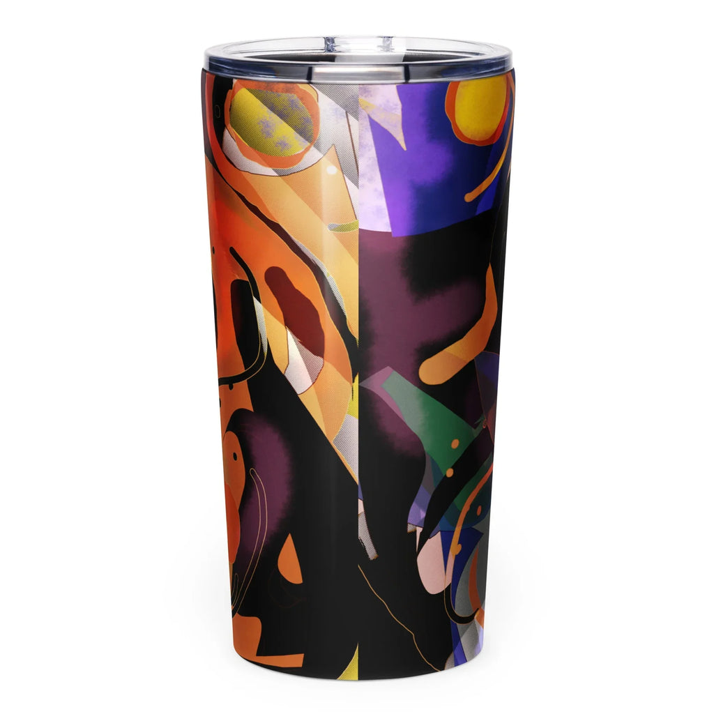 20 oz stainless steel tumbler with abstract, colorful nature-inspired design on black background