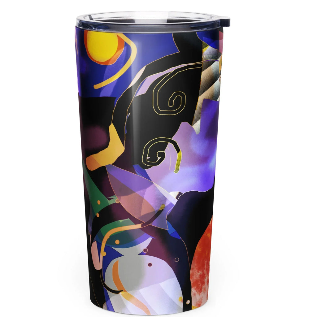 20oz stainless steel tumbler with abstract, colorful geometric design and spill-proof lid