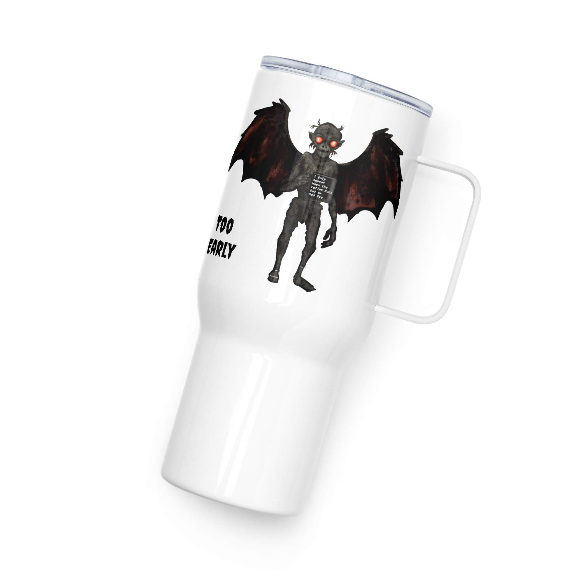 Too Early travel mug spill-proof clear plastic press-in lid on white stainless steel mug - 25 oz
