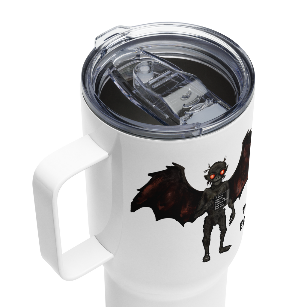Close-up of Too Early travel mug spill-proof clear plastic press-in lid on white stainless steel mug - 25 oz
