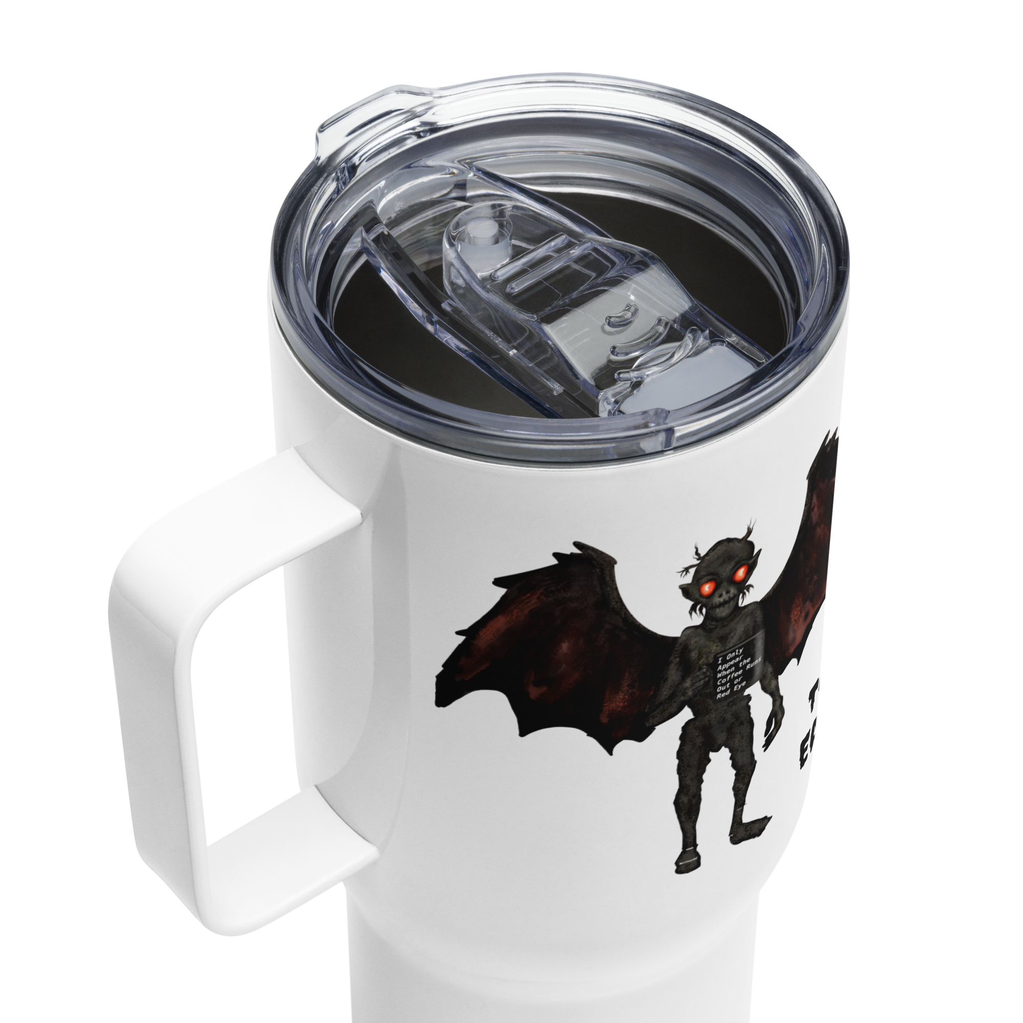 Close-up of Too Early travel mug spill-proof clear plastic press-in lid on white stainless steel mug - 25 oz