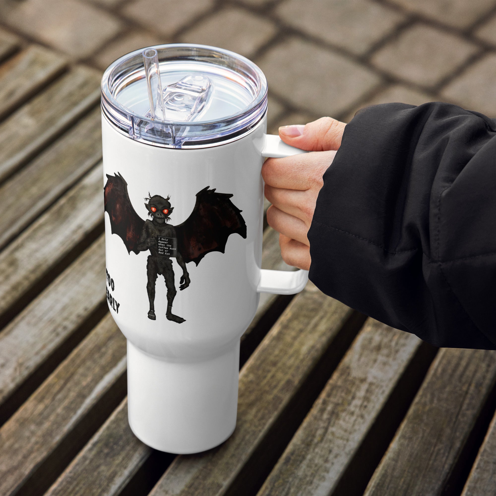 Too Early travel mug front and interior view showing stainless steel interior and Mothman cryptid artwork - 40 oz