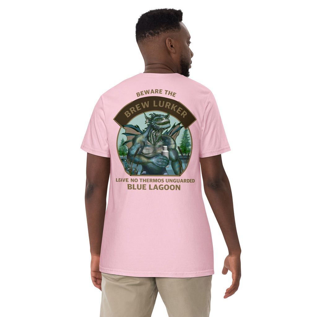 Person wearing a pink t-shirt with a Brew Lurker graphic design on the back, set against a white background.
