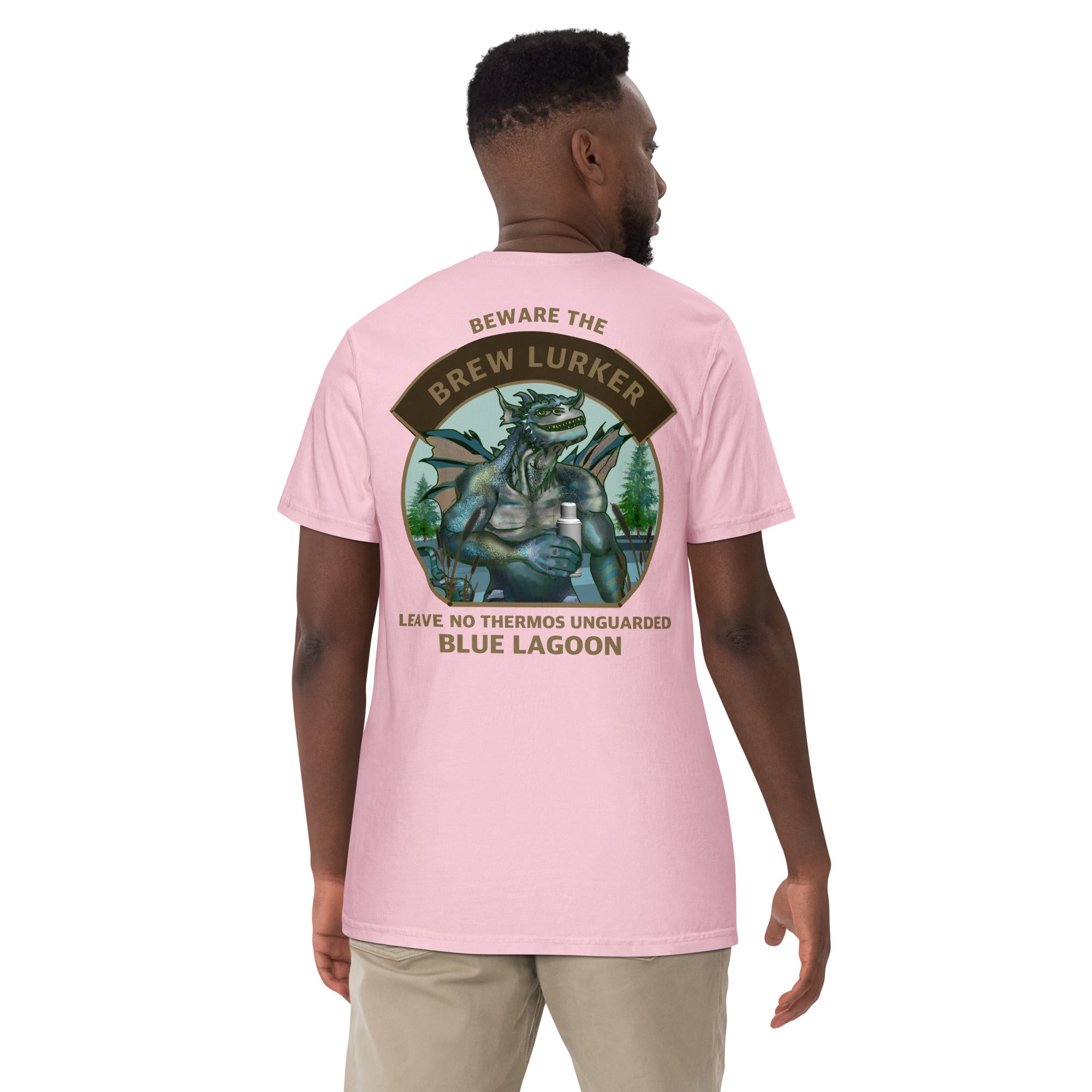 Person wearing a pink t-shirt with a Brew Lurker graphic design on the back, set against a white background.