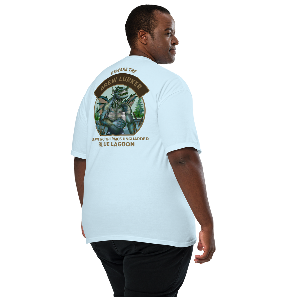 Man wearing a light blue t-shirt with a Brew Lurker graphic and text on the back, on a white background.