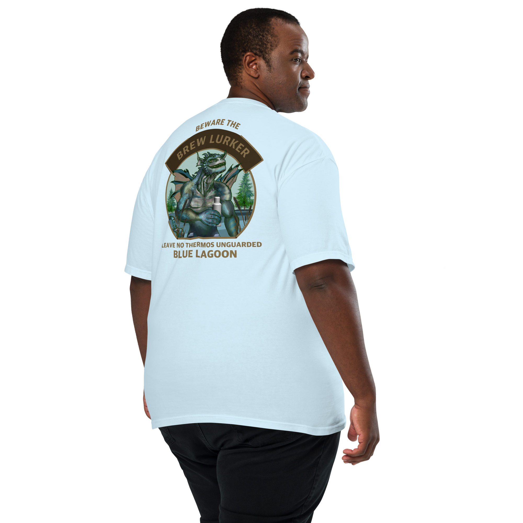 Man wearing a light blue t-shirt with a Brew Lurker graphic and text on the back, on a white background.