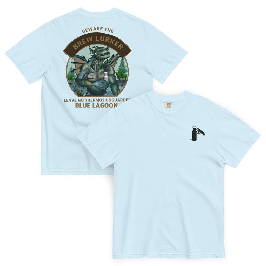 Light blue t-shirt front and back with graphic design and text on a white background
