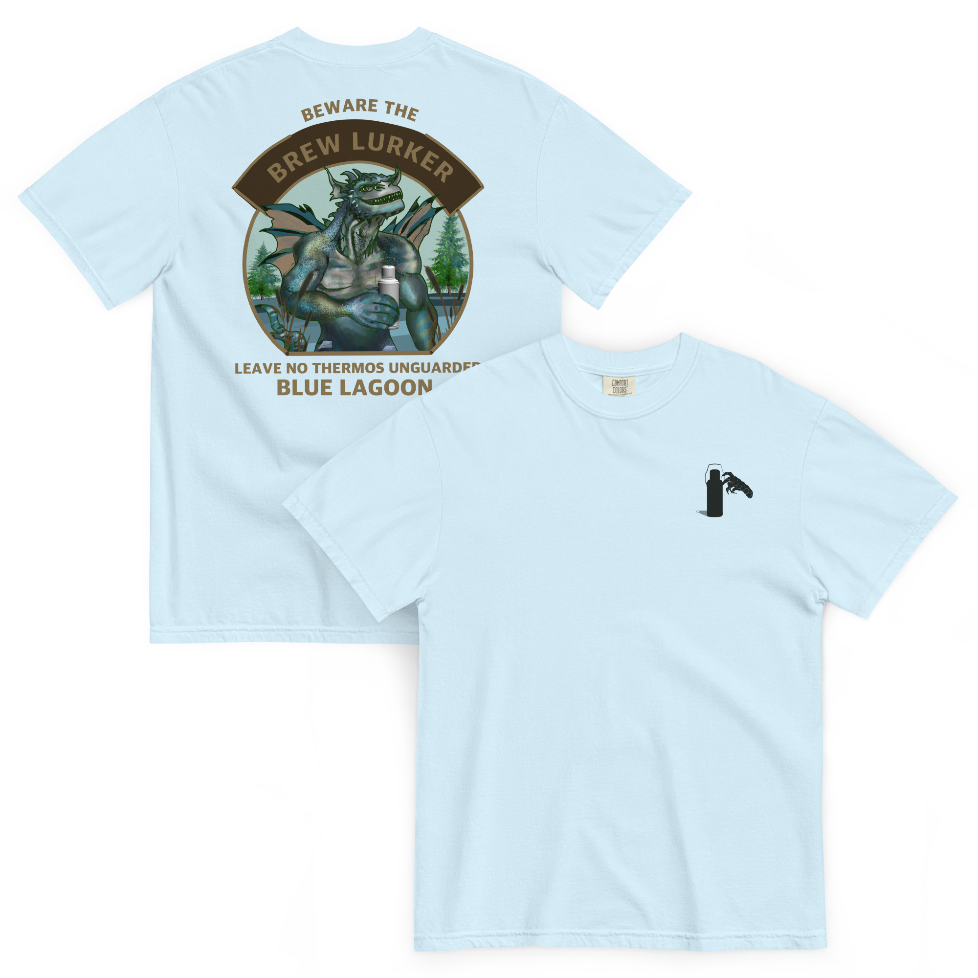 Light blue t-shirt front and back with graphic design and text on a white background