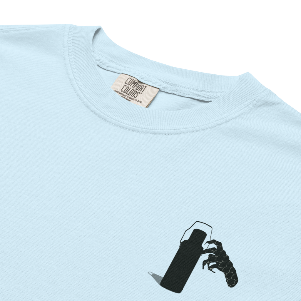 Light blue t-shirt with a black graphic design of claw and coffee thermos on a white background