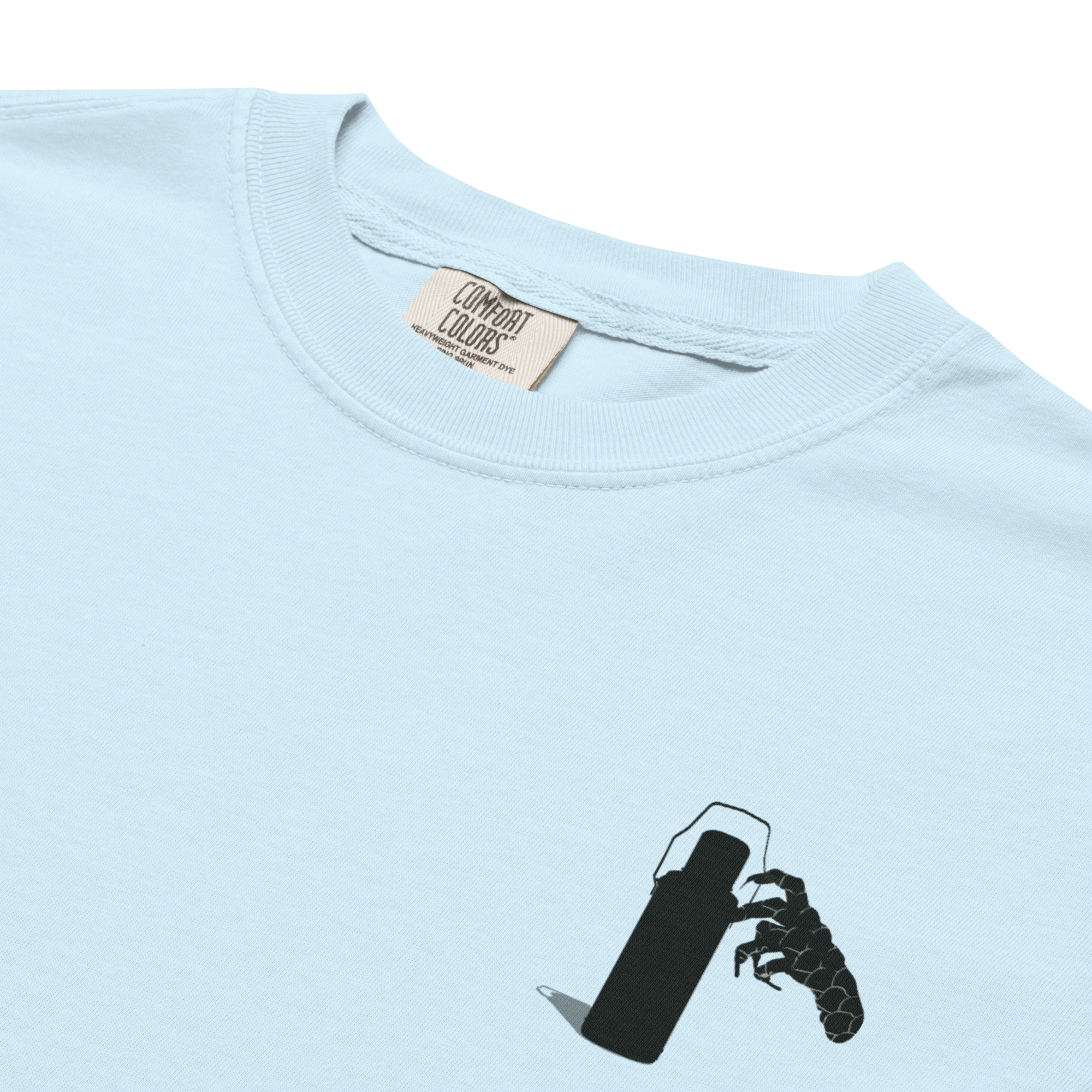 Light blue t-shirt with a black graphic design of claw and coffee thermos on a white background