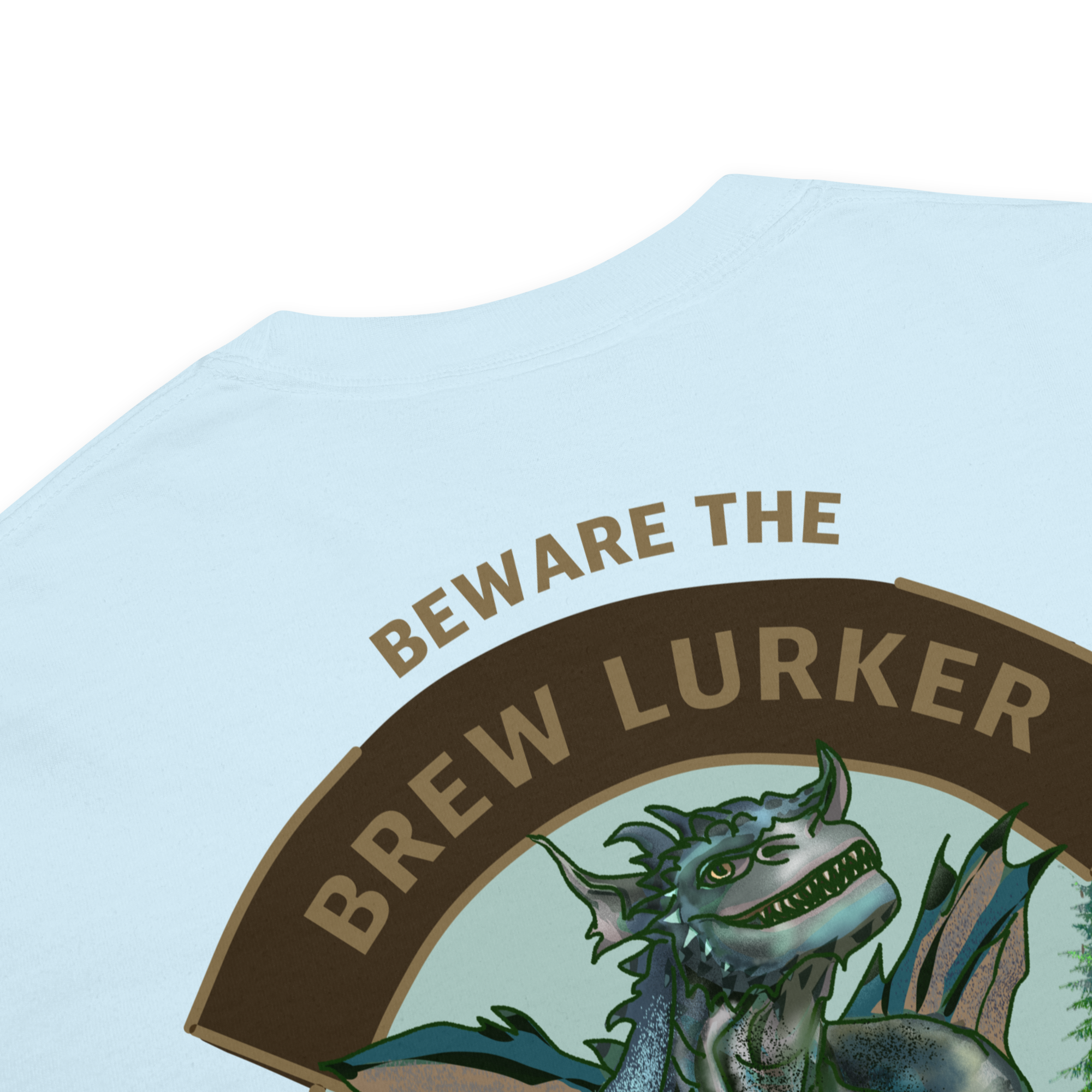 Light blue t-shirt with a Brew Lurker graphic and text 'Beware the Brew Lurker' on a white background