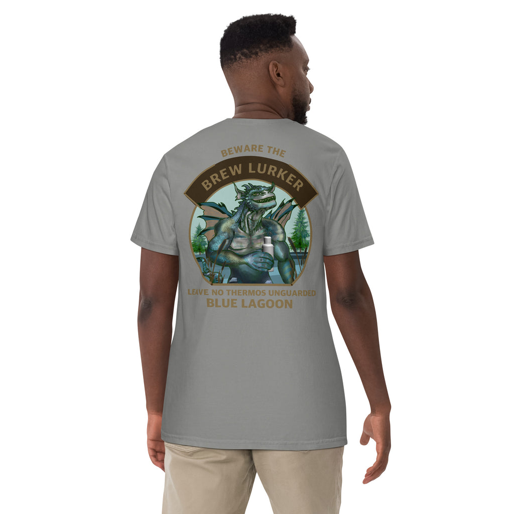 Person wearing a grey t-shirt with a Brew Lurker graphic design on the back, set against a white background.