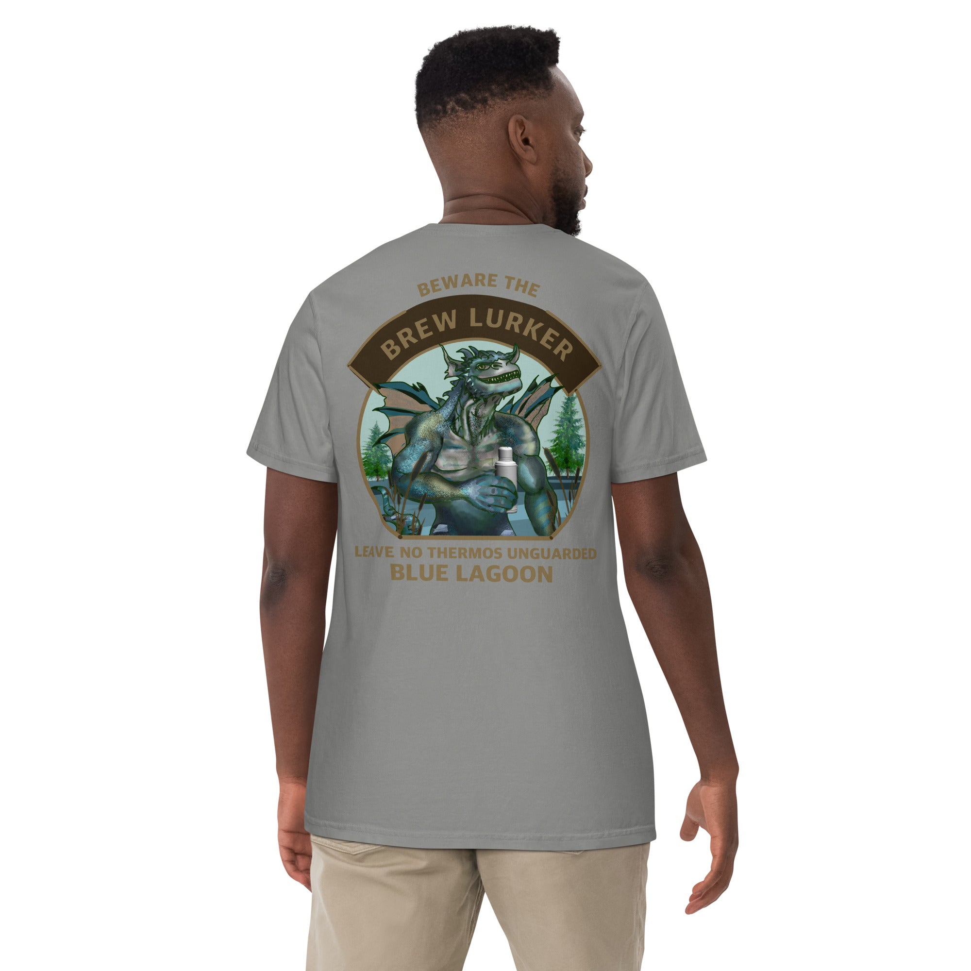 Person wearing a grey t-shirt with a Brew Lurker graphic design on the back, set against a white background.