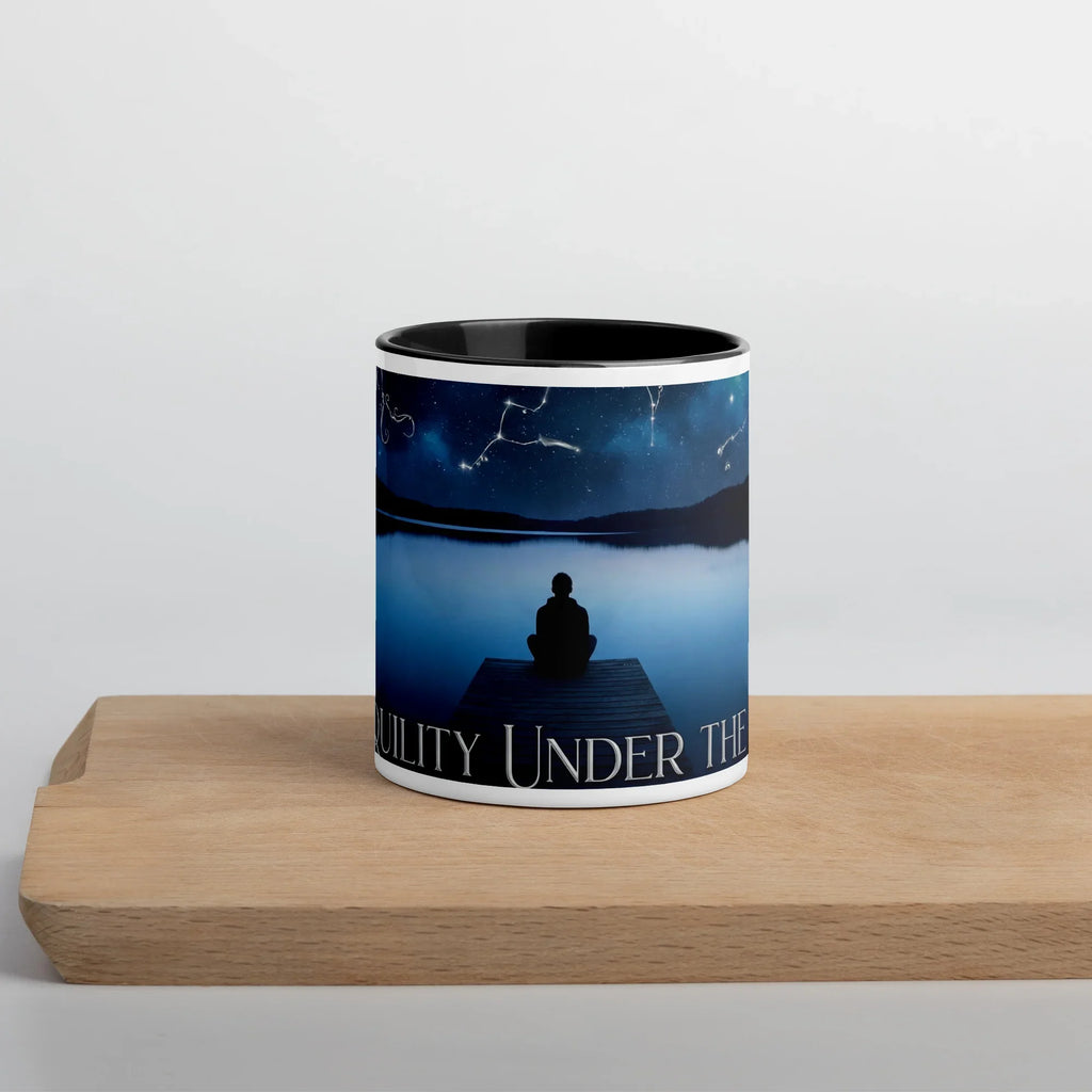 White ceramic mug with black interior, featuring a person meditating on a dock under a starry night sky, nature-inspired drinkware.