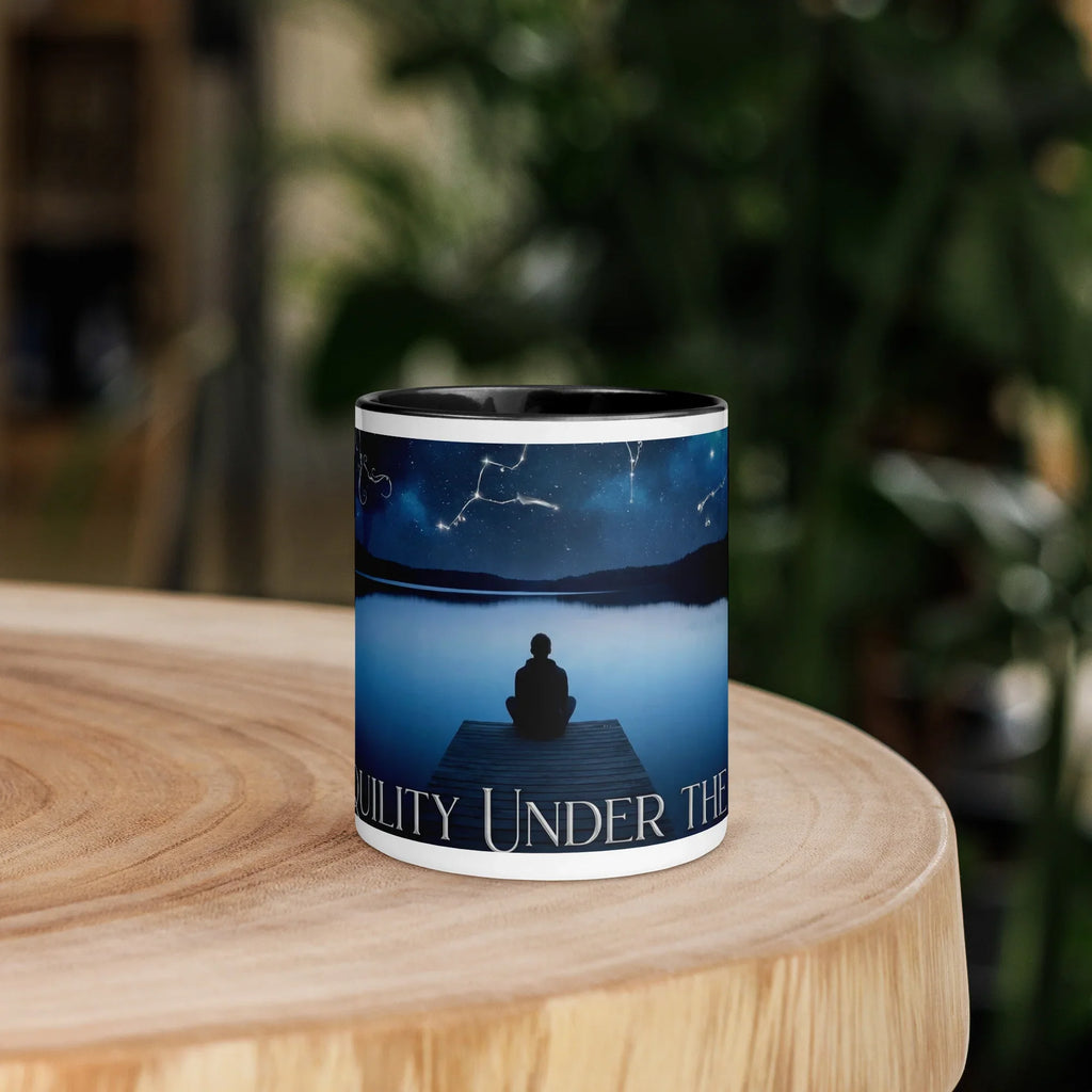 White ceramic mug with black interior, featuring nature night sky and lake motif, on wooden table