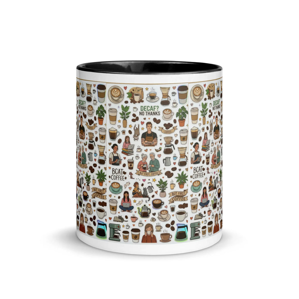 White ceramic mug with black interior, decorated with colorful coffee-themed illustrations.
