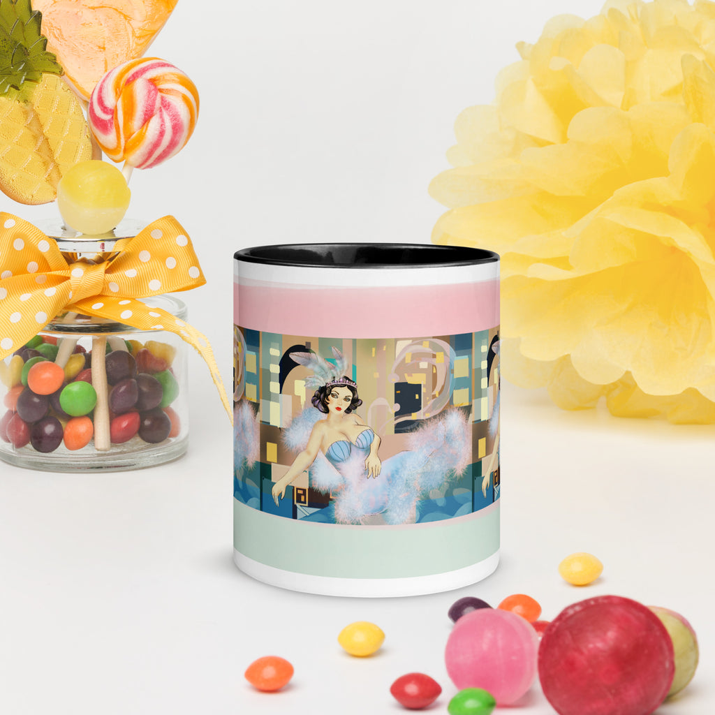 Premium Black Interior -Ceramic mug-Vintage Glamour Ballerina Mug - Art Deco Feathered Tutu Ceramic Mug-Black Interior- elegant vintage ballerina in a jeweled tiara and light blue feathered tutu, set against a beautiful Art Deco pastel background. Set against a black ceramic inside for elegant contrast - 11-oz -front