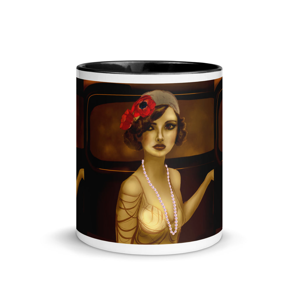 Premium White Ceramic - 1920s Art Deco Flapper Woman Mug - Gatsby Era Glamour Ceramic Mug with Black Interior-11-oz-left