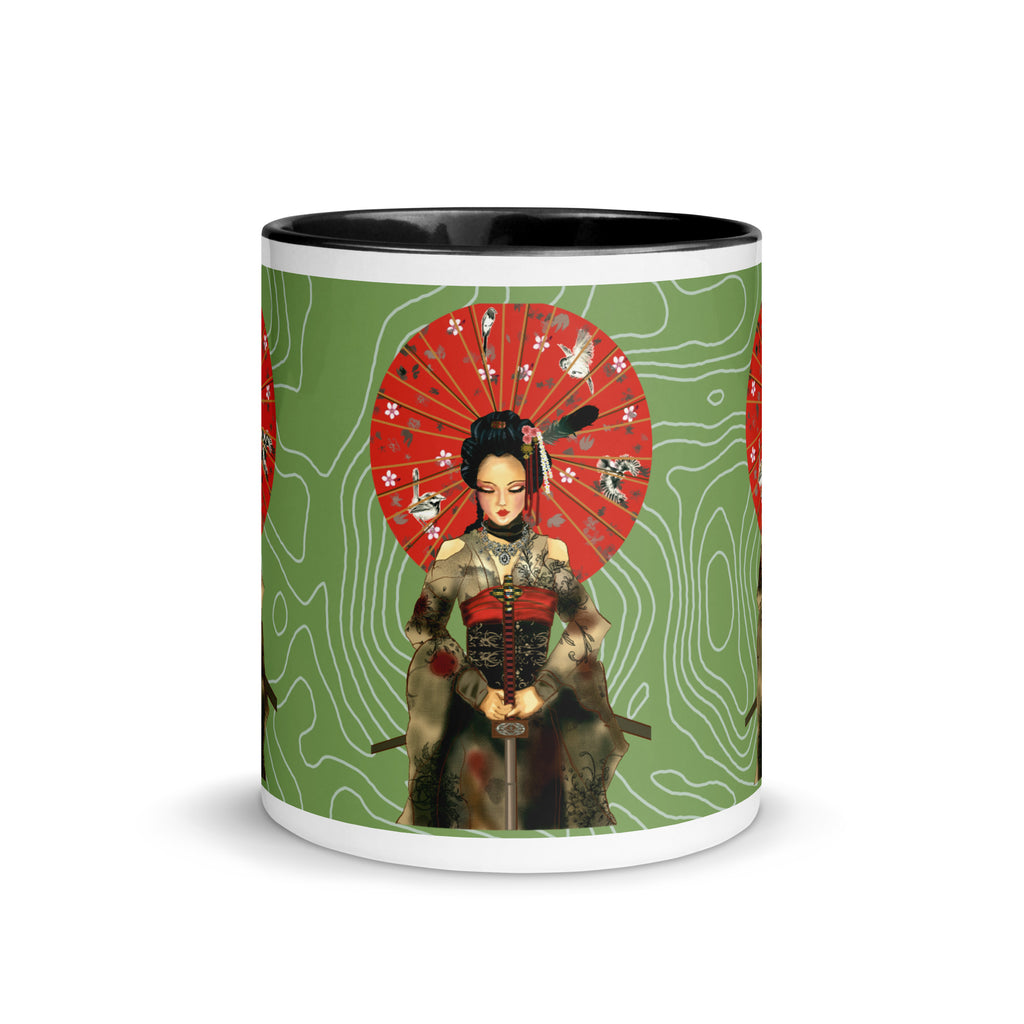 Premium White Ceramic - Japanese Geisha Warrior Mug - Samurai Woman Ceramic Mug- Black Interior-11-oz-front