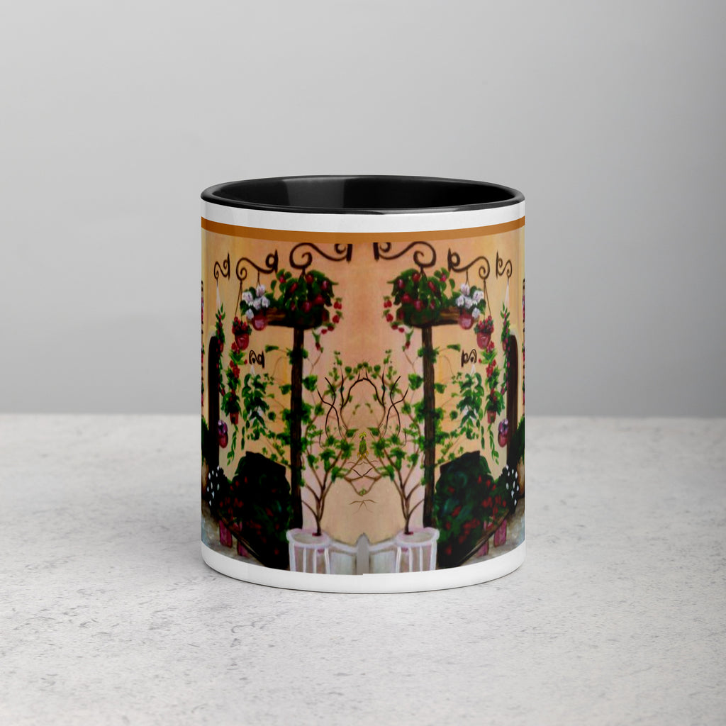 Premium White Ceramic -Mediterranean Garden Courtyard Mug - Italian Village Ceramic Mug- Black Interior-11-oz-front
