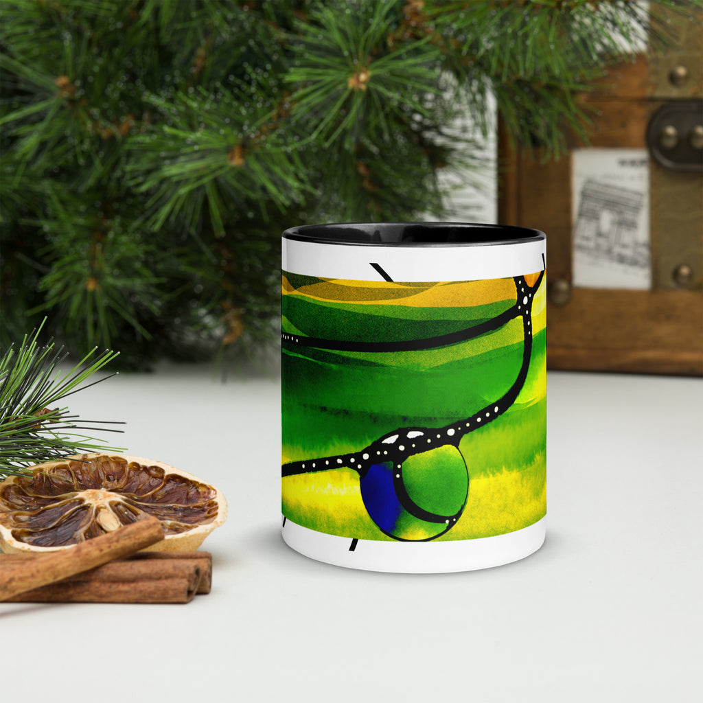 Premium White Ceramic -Abstract Green Yellow Art Mug - Modern Contemporary Ceramic Mug- black Interior- 11-oz-front