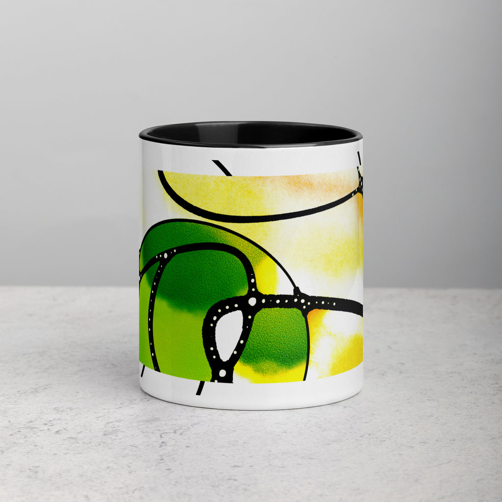 Premium White Ceramic -Abstract Yellow Green Art Mug - Modern Watercolor Ceramic Mug- Black Interior-11-oz-front