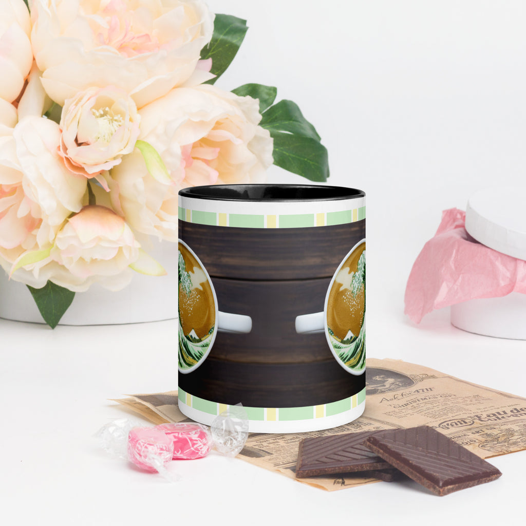 Premium White Ceramic -  Matcha Wave Bowl Mug - Black Interior Japanese Tea Mug -11-oz-front