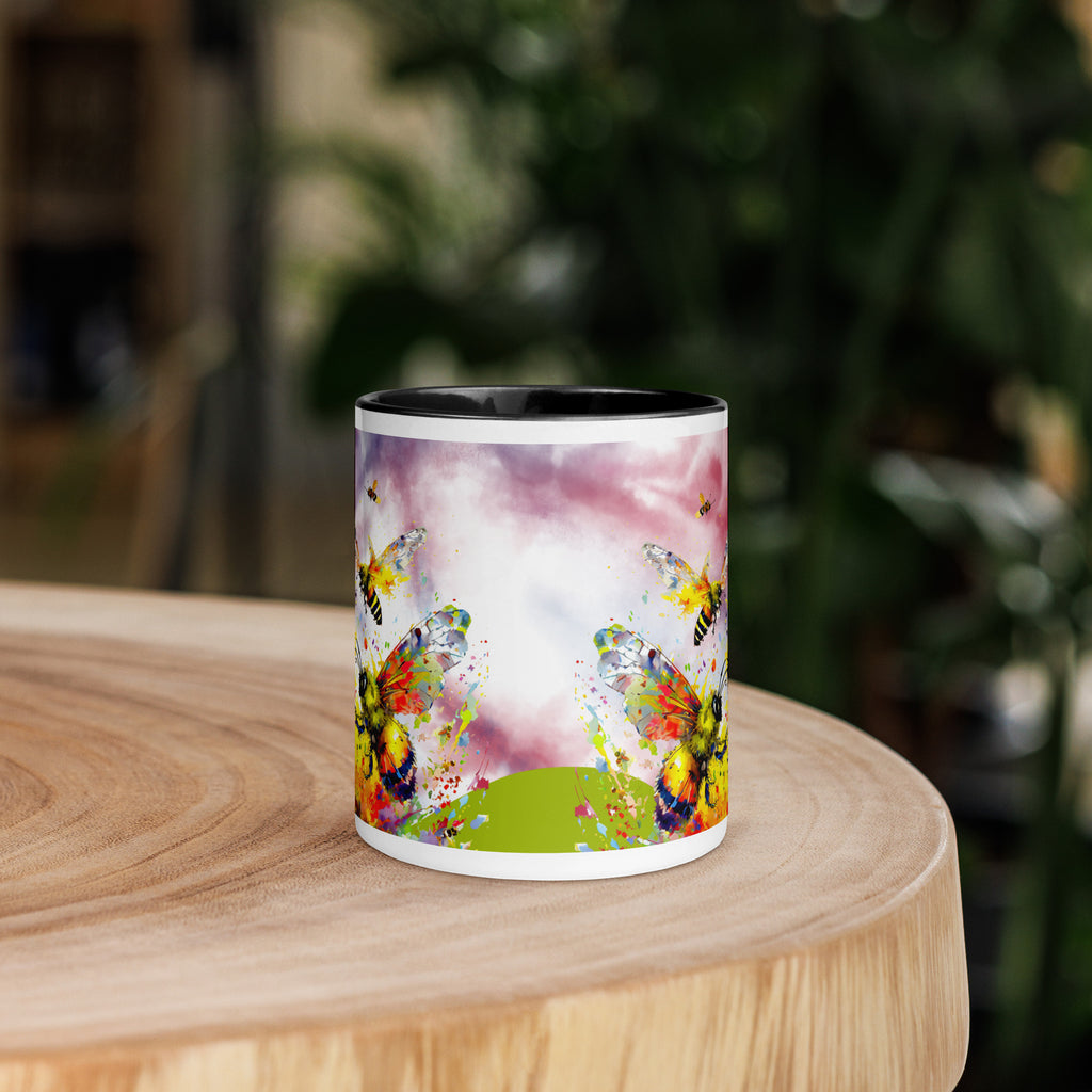 Premium White Ceramic -   Watercolor Bees & Butterflies Mug - Black Interior Ceramic Nature Mug -11-oz-front